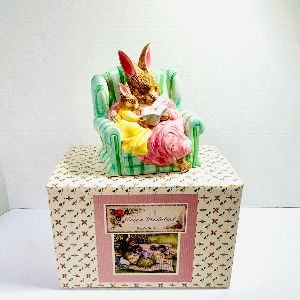 Vintage Easter Bank by Markings - Susan Wheeler Mama & Baby Bunny In Chair NWB